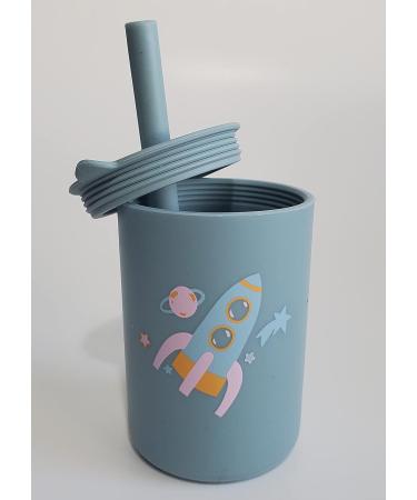 Silicone Toddler Training Sippy Cup with Straw | Non-Slip & Unbreakable | BPA-Free | Dusty Blue Rocket Design - Buy Online on SooperMarket.com