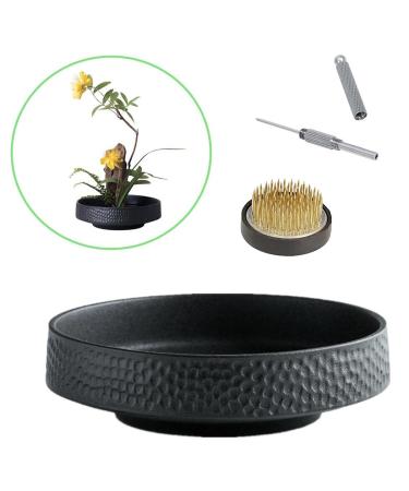 Eggone Japanese Ikebana Vase Kit  Flower Shallow Container Ceramics Ikebana Vase with 1.57inch Flower Frog and Floristry Floral Frog Kenzan Needle Straightening Tool (Hammer Pattern Bowl)