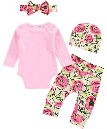 ChYoung Baby Girl Clothes Set | Newborn Little Sister Romper Top, Rose Printed Pant & Headband | 3 Pieces | 12-18 Months | Pink-Floral - Buy Online on SooperMarket.com