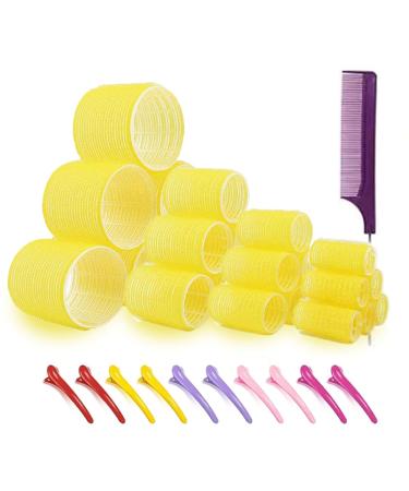 Jumbo Hair Rollers Set Hair Rollers Self Grip Curlers For Long Hair No Heat Curlers Heatless Hair Rollers With Clips & Comb 24 Packs (Yellow 24Pcs)