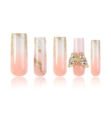 Buy Glossy Ombre Nail Press Ons - 24Pcs Coffin Fake Nails with 3D Butterfly & Gold Glitter - Ideal for Women - Buy Online on SooperMarket.com