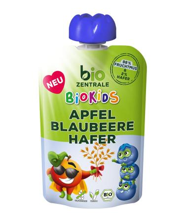 biozentrale BioKids Fruit Puree Apple Blueberry Oat | 12 x 90g | Vegan Fruit-Oat Snack | No Added Crystal Sugar
