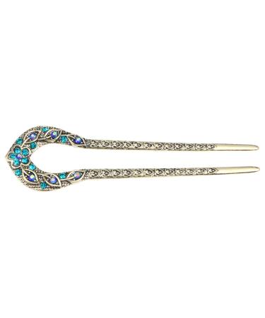 Frcolor Vintage Hair Stick Crystal Rhinestone Double Prong Hairpin Stick Hairstyle Chignon Hairpin (Blue)
