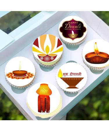 24 x Pre-Cut Happy Diwali 4 Edible Stand up Wafer/Rice Paper Cupcake Cake Toppers Festival of Lights Celebration Party Decorations