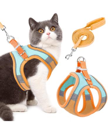 Eyein Cat Harness and Lead Set for Walking Adjustable Soft Sturdy Faux Suede Escape Proof Kitten Vest Harness and leash with Reflective Strip for Large Medium Small Cats(Green & Orang M) M(Chest 33-38 cm) Green & Orang
