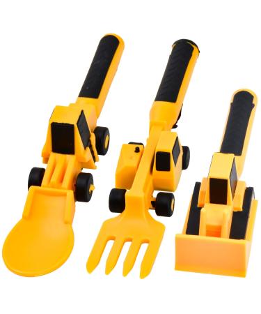 Bezavea Kids Cutlery Set Construction Themed Cutlery Set Utensil Set for Kids 3Pcs Children Toddler Fork and Spoon Set Gifts for Little Boys and Girls (Yellow)