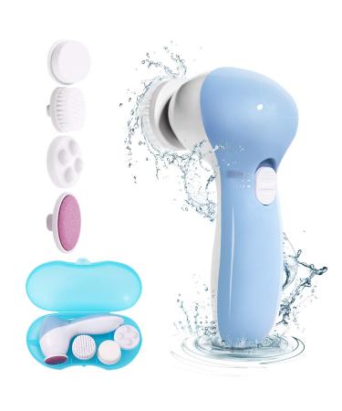 MOSCHOW Face Cleansing Brush with Travel Case 4-in-1 Set Waterproof Facial Cleansing Brush with 4 Exfoliating Brush Heads for Deep Cleansing (Blue)