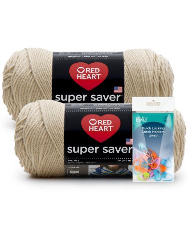 Red Heart Knitting Yarn Super Saver Buff 2-Skein Pack (7oz Each) Bundle with Benzy Quick Locking Stitch Markers (20ct)