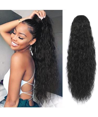 AFNOTE Long Curly Drawstring Ponytail Extension 24 inch Synthetic Heat Resistant Fake Ponytail Curly Wavy Clip in Ponytails Hair Extensions for Women (Black)