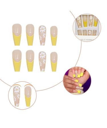 Luvadeyo 24 PCs Yellow White Flower Press-On Nails | Long Summer Ballerina Fake Nails with Glue for Women - Buy Online on SooperMarket.com