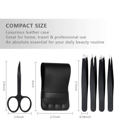 5 in 1 Stainless Steel Tweezers Set for Precision Hair Removal - Includes Eyebrow Scissors - Black Tweezers for Ingrown Hair, Splinters - Buy Online on SooperMarket.com