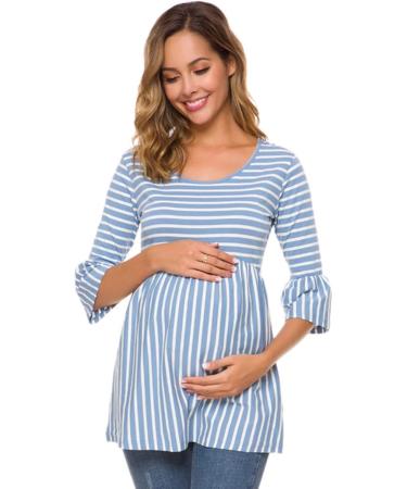 Love2Mi Maternity Blouse - A-Line Pregnancy Shirt - 3/4 Bell-Sleeve - Sky Blue Stripe - Size L - Buy Online on SooperMarket.com