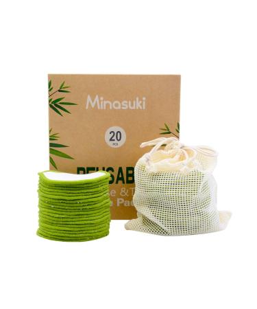 Minasuki 20 Pack Reusable Makeup Remover Pads - Bamboo Reusable Cotton Rounds for Toner, Washable Eco-Friendly Pads for All Skin Types with Cotton Laundry Bag