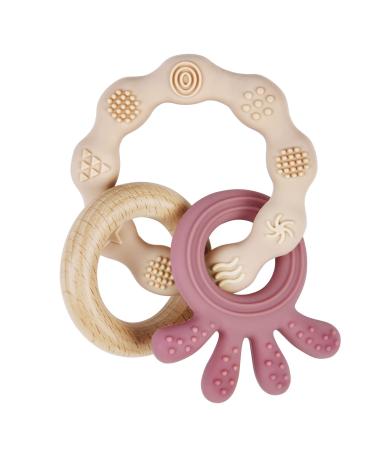 Vicloon Teething Toys for Baby Silicone and Wood Teether Baby Teether Toys Teether Chew Toy Easy to Hold and Clean Up Octopus Teething Toy Silicone chewlery for Boys&Girls (Beige)