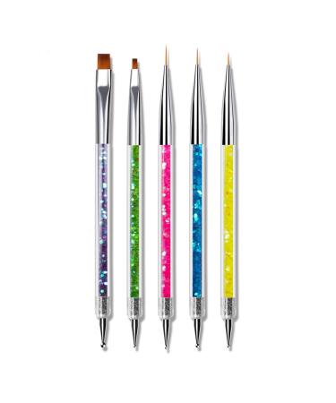 SINEN 5 Pcs Double Ended Nail Design Brushes Uv Gel Nail Brush Drill Manicure Pen Nail Polish Pen Interior Brush Tool Nail Painting Brush Pen Set for Home DIY and Salon with Shiny Handles