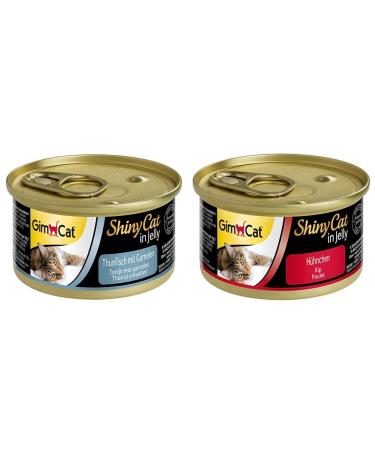 Gimcat Shinycat in Jelly Thuna with shrimp - wet food with fish and taurine for cats - 24 cans & shinycat in jelly chicken - wet food with meat and taurine for cats - 24 can bundle with wet food meat taurine tuna with shrimps