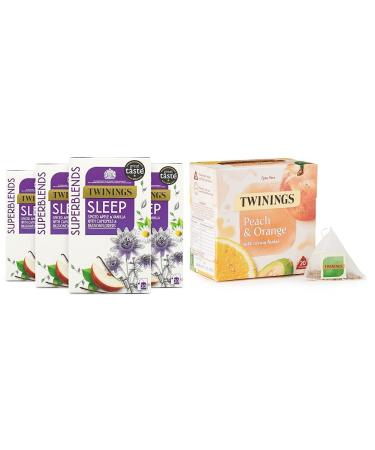 Twinings Superblends Sleep Tea with Spiced Apple Vanilla Camomile & Passionflowers 80 Teabags (Multipack of 4 x 20 Bags) & Peach & Orange Tea Bags 20 Count (Pack of 1)