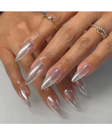 MISUD Medium Stiletto Press on Nails Almond Fake Nails Glossy Glue on Nails Silver Pearl Flash Acrylic Nails Bling Gradient Artificial Nails Chrome Stick on False Nails with Design 24 pcs 0001-MS005-Silver Gradient