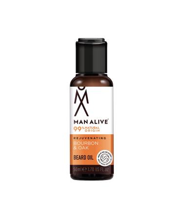 Beard Oil for men by Man Alive 99% Natural skincare 50ml with Oatmeal Argan Oil Jojoba Oil & Almond Oil gifts for men softens facial hair mens gifts birthday gifts for him (Bourbon & Oak)