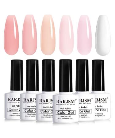 RARJSM Nude Gel Polish for French Manicure,Sheer Jelly Pink Gel Nail Polish Set of 6 Transparent Colors Clear Light Brown Pure White Neutral Nail Varnish LED UV Curing Requires 7.5ml for Home Salon Frech Manicure Set