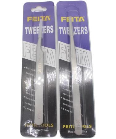FEITA Precision Tweezers Set - Straight & Slanted Tip Stainless Steel Tweezers for Eyelash Extension, Craft, Jewelry, Eyebrow & Ingrown Hair Removal - Silver 2Pcs - Buy Online on SooperMarket.com