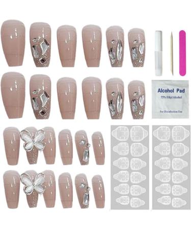 Long Press on Nails Long False Nail French Tip Fake Nails with 3D Butterfly Rhinestones Designs Glossy Full Cover Acrylic Nails for Women False Nails & Accessories - Buy Online on SooperMarket.com