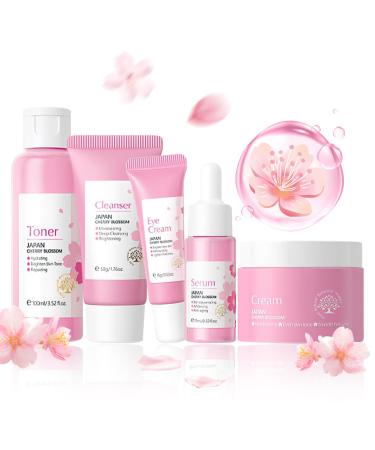 Skin Care Set Cherry Blossom Skin Care Sets & Kits Skin Care for Teenage Girls Gift Set with Cleanser Toner Serum Eye Cream Facial Cream Facial Skin Care Sets & Kits for Teenage Girls Women Cherry Blossom-5Pcs