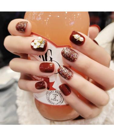 Sethexy Glossy Squoval Short False Nails Flower Glitter Rhinestone Studs Wine Full Cover Acrylic Fake Nails Tips for Women and Girls - Buy Online on SooperMarket.com