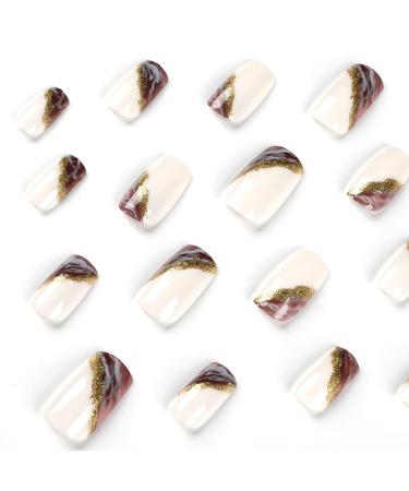 24PCS Gold Glitter Marble Square Press On Nails - Medium False Acrylic Nails for Women - Brown Full Cover Stick On Nails - Buy Online on SooperMarket.com
