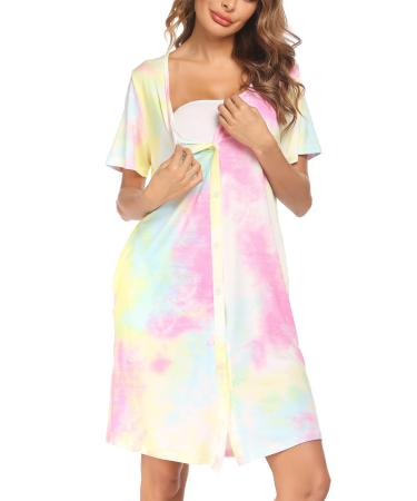 Ekouaer Women Nighties Short Sleeve Above Knee Soft Nightdress Button Down Nighties Ladies loose Sleepwear Summer Loungwear with Pockets S Tie Dye