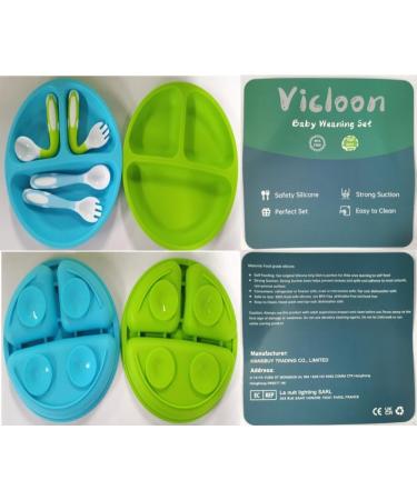 Vicloon Baby Silicone Suction Plates 2Pcs - Non Slip Divided Dishes for Toddler Self Feeding - Blue/Green - Buy Online on SooperMarket.com