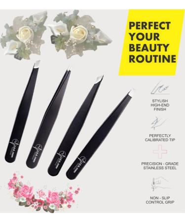 S.A.Q. JILLANI Eyebrow Precision Tweezers Set - Professional Stainless Steel - For Men and Women - Facial & Ingrown Hair Removal - 4 Pieces with Case (Black) - Buy Online on SooperMarket.com