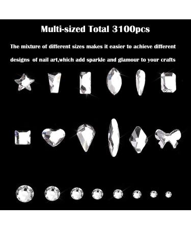Nail Rhinestones Kit - 600 Iridescent Diamonds + 2500 Flat AB Rhinestones for Nail Art, Shoes, Clothes, and Jewels | DIY Crafts Gemstones Set - Buy Online on SooperMarket.com