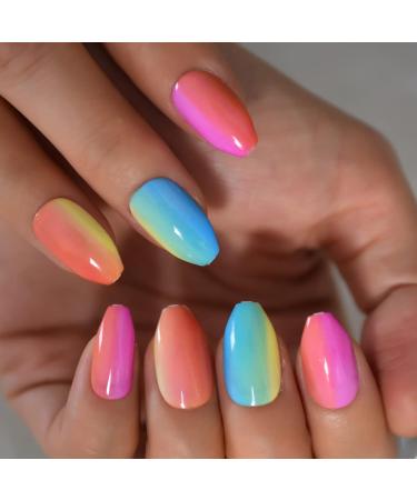 Buy Shiny Colorful Press On Nails | Ombr Rainbow Fake Nails Set - 24pcs Medium Size - Buy Online on SooperMarket.com