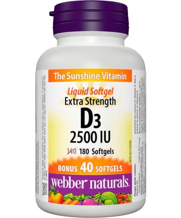 Webber Naturals Cod Liver Oil with Vitamin A and D3 180 Softgels Vision Skin and Immune Support & Vitamin D3 2500 IU Extra Strength 180 Softgels For Healthy Bones Teeth Vitamin +Vitamin D3 2500 IU - Buy Online on SooperMarket.com
