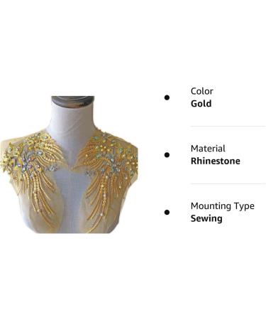 Mirror Pair Beaded Floral Lace Applique with Colorful Rhinestones, Jewelry Motif Embroidery Shoulder Patch for Party Costumes and Dance Dress in Gold - Buy Online on SooperMarket.com