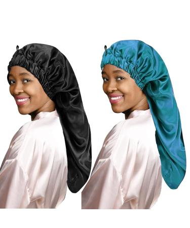 Ladaypoa long satin hair hood girls silky hat 2 pieces women long satin hood sleeping hat to sleep extra large satin sleeping cap unit size black+green