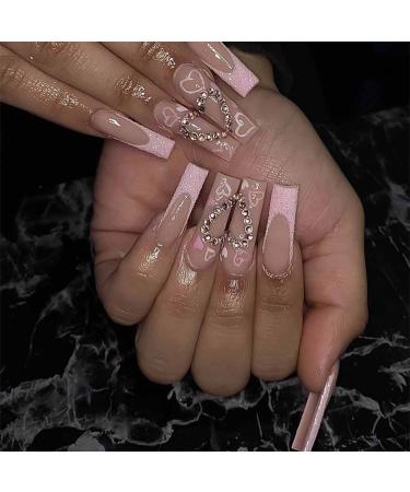 RikView French Tip Press on Nails Long Fake Nails Square Acrylic Nails Pink Nails for Women 24 PCs/Set(Long Square Pink)