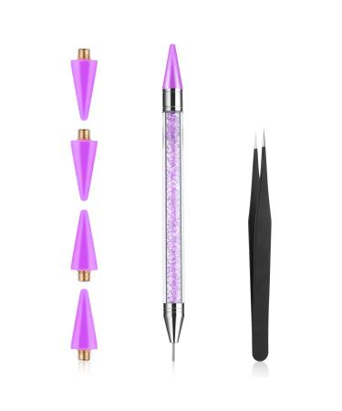 Prasacco Rhinestone Picker Tool Rhinestones Applicator Tools Rhinestone Picker Dotting Wax Pen Nail Art Tool with 4 Purple Replaceable Wax Head and 1 Tweezer for DIY Nail Art Tool