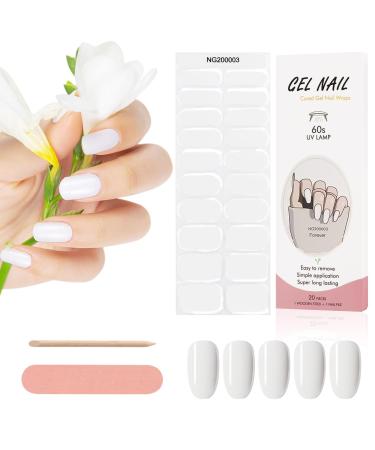 Kalolary 20PCS Nail Adhesive Wrap Nail Gel Polish Strips Full Wraps Nail Polish Stickers Cured Gel Nail Strips Self-Adhesive Gel Nail Wrap Stickers Decals(UV/LED Lamp Required) (Solid White)