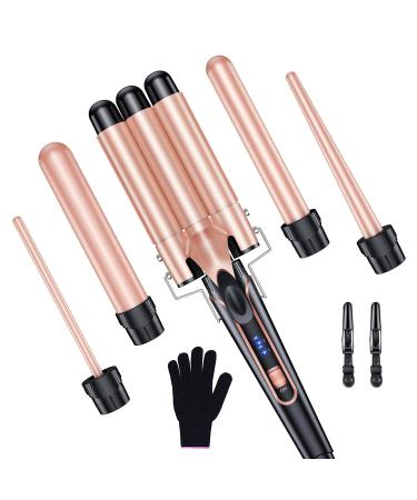 Waver Curling Iron Wand BESTOPE PRO 5 in 1 Curling Wand Set with 3 Barrel Hair Crimper for Women Fast Heating Hair Wand Curler in All Hair Type - Sand