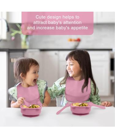 Vicloon Baby Weaning Set 4 Pcs | Silicone Feeding Set with Suction Plate, Bowl, Bib, Spoon & Fork | BPA Free | Toddlers & Kids Bowl Set | Pink Bear Sucker Bowl - Gift for Kids - Buy Online on SooperMarket.com