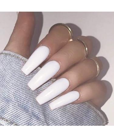 Brishow Coffin False Nails Long Fake Nails Pure Color Ballerina Stick on Nails Full Cover Acrylic Press on Nails for Women and Girls (White)