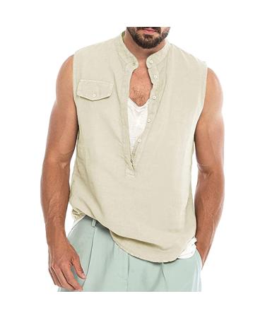 BEUU Cotton Linen Sleeveless Shirts for Mens Henley Button V Neck Vest Summer Holiday Loose Casual Beach Tank Tops 128- Khaki X-Large