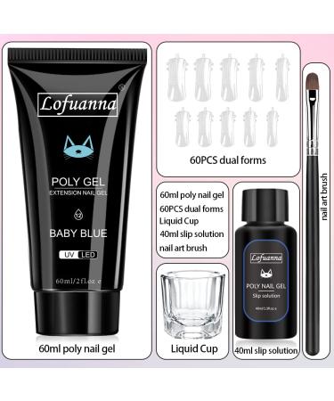 Lofuanna Poly Nail Gel Set - 60ml Blue Nail Extension Gel Kit | All-in-One with Slip Solution Nail Forms Brush & Glass Cup | Perfect for Beginners - Nail Art Design - Buy Online on SooperMarket.com