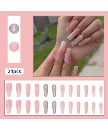 RUNRAYAY Pink French Press on Nails with Sequins Design - Gradient Fake Nails for Women | Acrylic Full Cover Coffin Spring Summer - Buy Online on SooperMarket.com