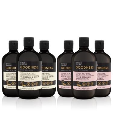 Baylis & Harding Goodness Bath Soak Bundle: 3 x 500 ml Lemongrass & Ginger & 3 x 500 ml Rose & Geranium (6 bottles) - Vegan Friendly