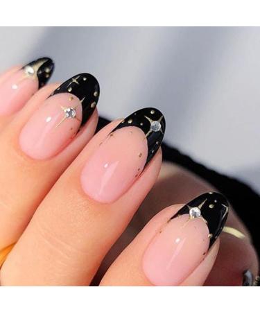 Buy Black French Tip Press On Nails - 24pcs Star Silver Diamond Design Glossy Reusable Artificial Nails for Women - Perfect DIY Manicure - Buy Online on SooperMarket.com