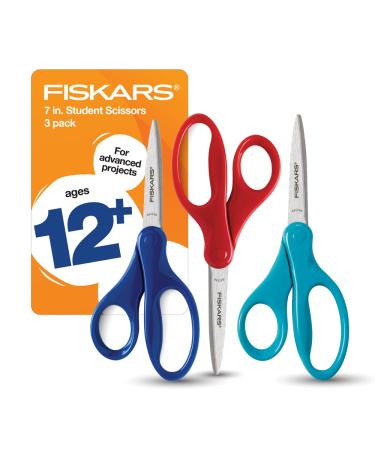 Fiskars Student Scissors, Scissors for School, 7 Inch, 3 Pack,Red, Blue, Turquoise