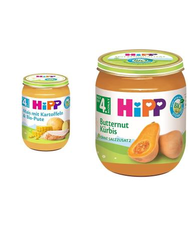 Hipp corn with mashed potatoes and organic turkey pack of 6 (6 x 190g) & organic vegetables pure butternut squash pack of 6 (6 x 125 g)